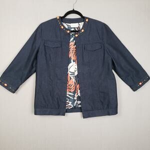 Alfred Dunner Size 8 Beaded Hem Denim Jacket Blue Open Front Boho Western Casual